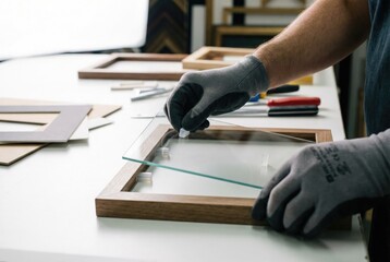 A picture framer is assembling a wooden frame, carefully placing the glass inside.