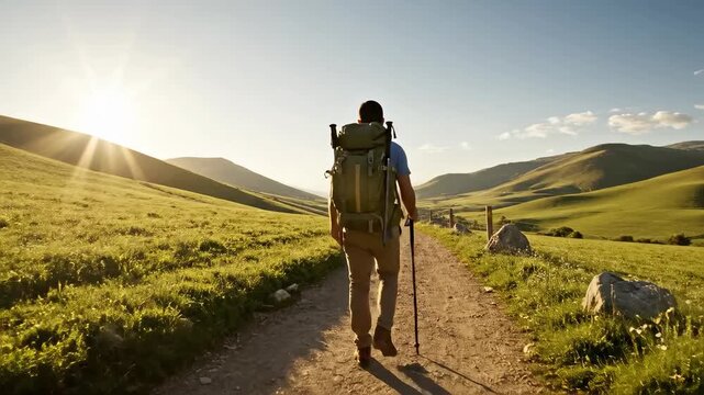 Hiker walking on a trail with a backpack during sunset. Man trekking on a pilgrimage route with yellow markers. Adventure and journey concept