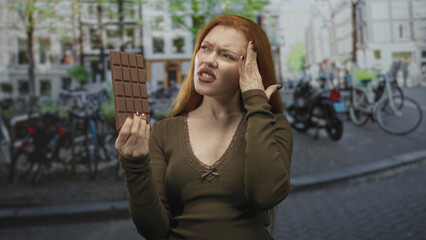 Fototapeta premium Redhead young woman holds a chocolate bar at arm's length and covers her nose with one hand while standing on a street; disgust.