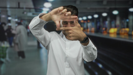 Young hispanic man framing view with his fingers at a busy indoor train station platform  inspiration vision creativity planning. © Krakenimages.com