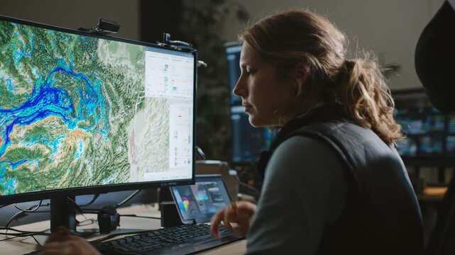 Medium shot of an environmental analyst using AI tools to interpret largescale ecological data for climate change modeling and resource management.
