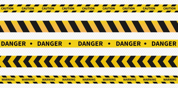 Tape with inscriptions and warnings set. Police tape. Black and yellow striped line. Stock Vector