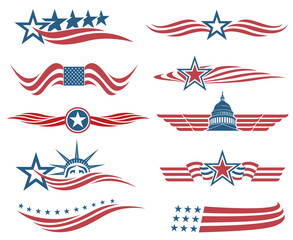 collection of USA star flag labels isolated on white background