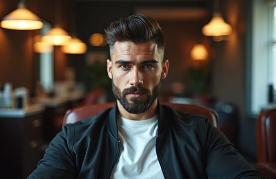 Bearded man in black jacket sits in barbershop. He has stylish hair and intense look. Modern salon interior with warm lights visible in background. Confident gentleman poses for camera.