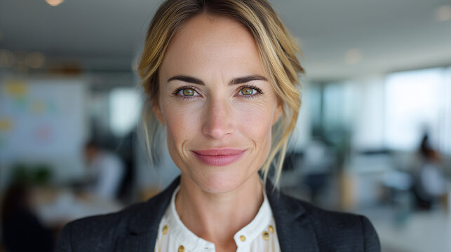 Confident female entrepreneur ash-blonde hair hazel eyes ivory blouse charcoal blazer

