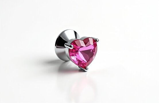 Shiny metal butt plug with pink heart gem. Adult toy for pleasure and sensuality. Item for anal sex and erotic games. Perfect for love and passion.