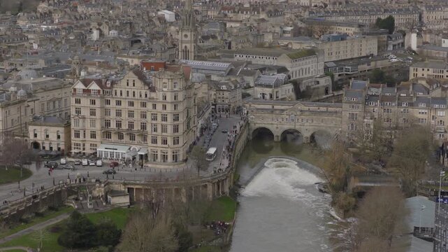 Establishing aerial view of Bath, beautiful city in Somerset, England, United Kingdom
