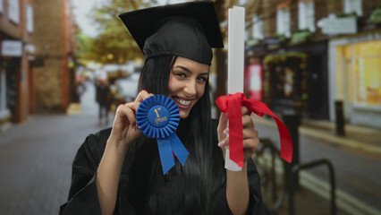 Young hispanic woman in graduation cap and gown proudly holds diploma and blue ribbon while...