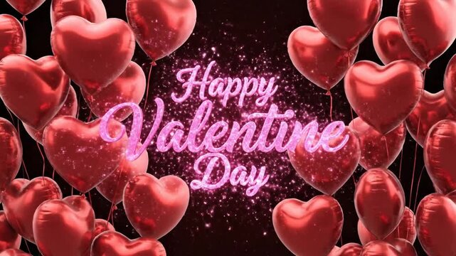Happy Valentine Day glowing text with red heart balloons