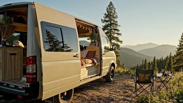 Camper van parked on a mountain ridge at sunset. Cozy interior of a converted motorhome with a view of the peaks. Van life and outdoor adventure concept