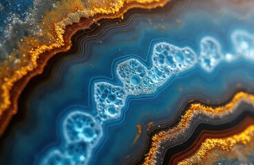 Obraz premium Abstract close-up of blue and gold agate stone texture. Natural mineral pattern with layered bands and cellular structures. Rippling wave-like forms create beautiful background.