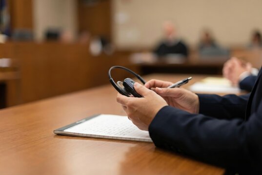 A court interpreter holds a headset and pen while sitting at a table with a notepad in a courtroom.