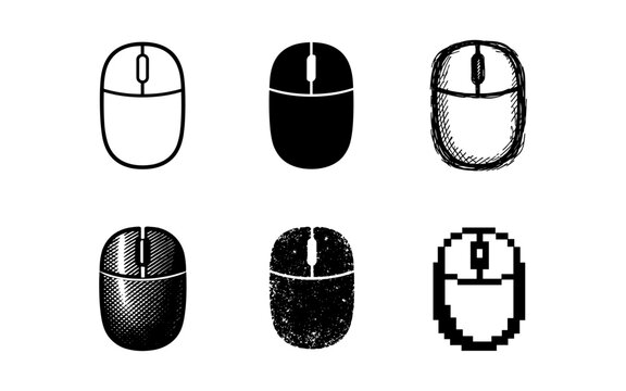 Collection of computer mouse icons in various artistic styles and textures