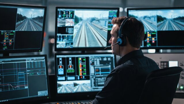 Caucasian male adult monitoring train control center with multiple screens and headset.