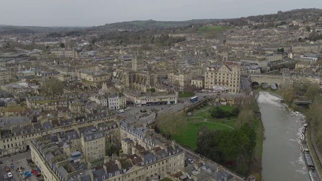 Establishing aerial view of Bath, beautiful city in Somerset, England, United Kingdom