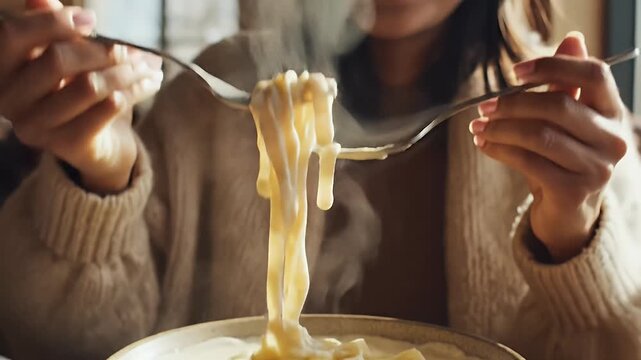 Close up of a person enjoying a creamy soup dish with silverware