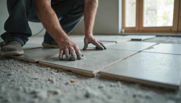 Builder installs large grey ceramic floor tiles on subfloor using mortar. Worker lays tiling with hands, preparing for grout, completing home renovation project.