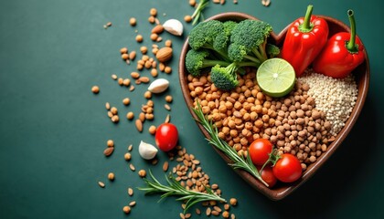 Naklejka premium Heart shape bowl with healthy foods like broccoli, chickpeas, peppers, grains, nuts and tomatoes. Good food for strong heart and wellness. Nutritious ingredients for diet plan. Tasty meal.