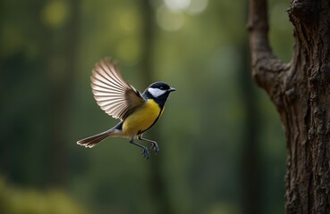 Naklejka premium Great tit bird in flight. Small passerine creature with yellow and black plumage soars through forest. Wings spread wide showing detail, natural habitat.