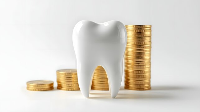 Dental care and finance concept with a white tooth model and stacks of gold coins on a clean white background, symbolizing savings for dental health and hygiene