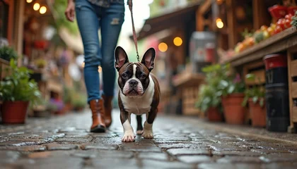 Acrylglasbilder Französische Bulldogge French bulldog walks on wet cobblestone street with owner holding leash near market stalls. Dog looks directly forward, person follows behind on pavement. Urban street scene with plants and lights.  © Maryna