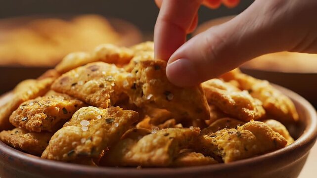 Close up of baked snacks in a bowl with a hand reaching in