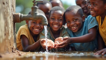 African children smile gleefully collecting fresh running water from outdoor tap. Boys and girls cup hands to drink clean liquid, joy fills their faces near water source. © Maryna