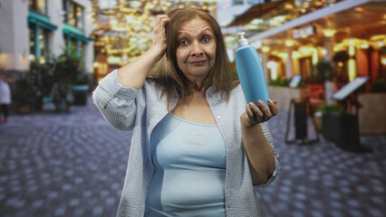 Senior woman holding blue soap bottle scratching head with left hand on a street; confusion...