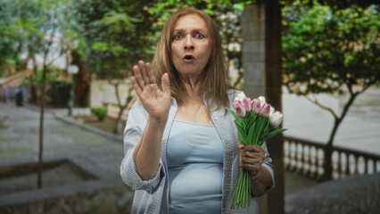 Fototapeta premium Senior hispanic woman holding pink tulips with fist to chin, glaring on a tree lined street by a stone balustrade; defiance.
