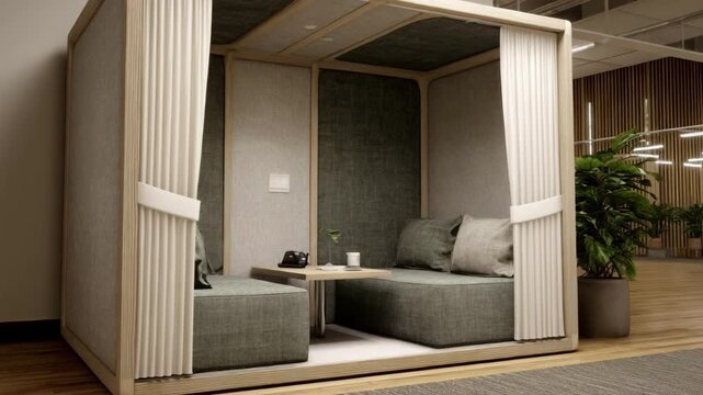 Ergonomic remote counseling booth with plush seating and ambient sound controls providing a serene space for immersive and uninterrupted virtual therapy sessions.