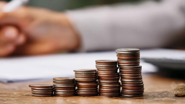 Stacked coins in ascending order on wooden desk with person writing financial notes in blurred background, savings and budget planning concept