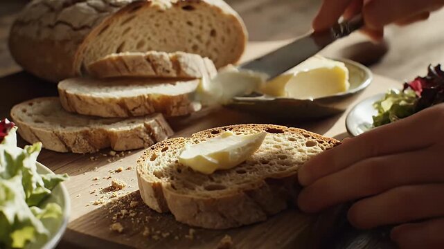 Close up of freshly baked bread sliced with butter and soup on a table