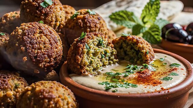 Close up of freshly prepared falafel with hummus and garnishes