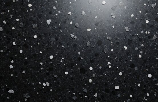 Dark terrazzo floor with small white and grey stone chips embedded in black polished surface. Modern abstract texture pattern for interior design backgrounds. Clean polished material.