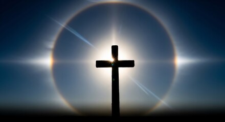 Silhouette of a Christian Cross with a Halo Effect Against a Bright Sky.