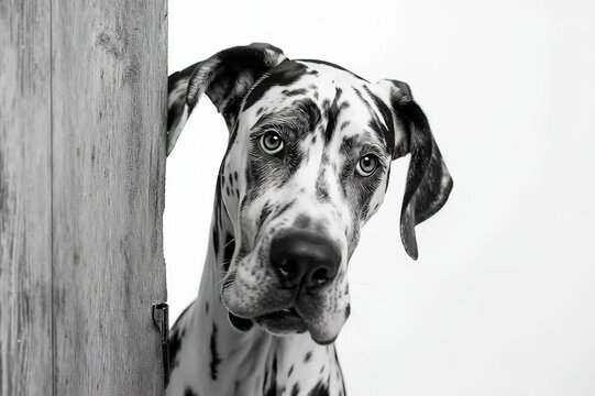 Un perro de presa espa&ntilde;ola asoma la cabeza por detr&aacute;s de una puerta de madera, con una expresi&oacute;n de curiosidad y un juguete en la boca.