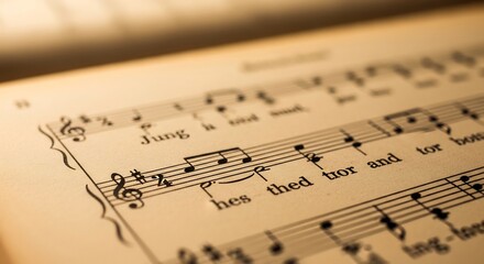 Close-up of Vintage Sheet Music with Musical Notes and Lyrics.