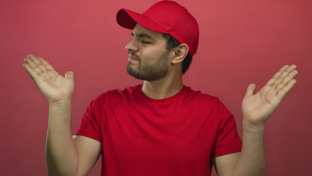 Man wearing red cap and t shirt holding both palms up facing camera in studio with puzzled expression; uncertainty.