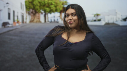 Fototapeta premium Woman plus size with hands on hips showing cleavage and a confident smile standing on a whitewashed street with trees and houses; confidence.