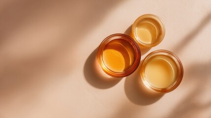 Minimalist composition with honey in glass jars on beige background for food presentation