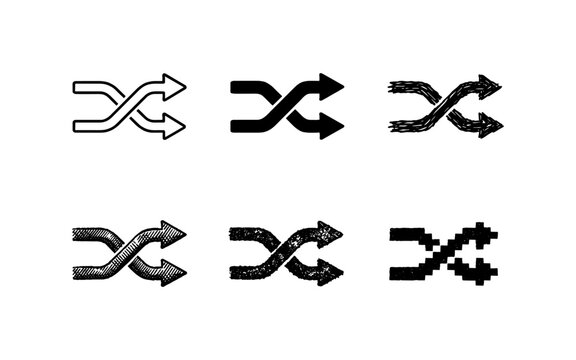 Collection of shuffle icons with different styles including outline, solid, sketch, and pixel art