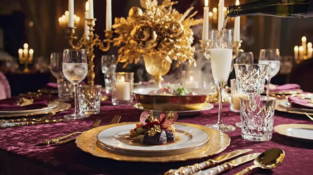 Elegant table setting with ornate decorations and ambient lighting