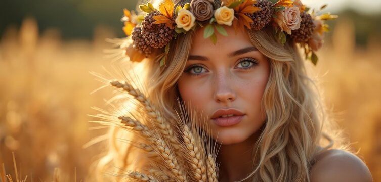 Young woman with flower crown and wheat stalks in golden hour wheat field. Virgo maiden symbol of harvest and abundance. Earth sign beauty outdoors.