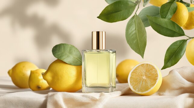Clean perfume mockup scene, soft ivory background, lemons and lemon leaves, calm and fresh atmosphere 