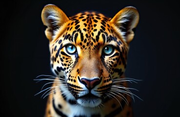 Obraz premium Leopard face portrait. Close-up animal head with piercing blue eyes. Big cat spotted fur texture. Wild predator intense stare on black background. Majestic feline.