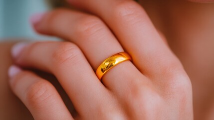 A woman is holding her hand up to show off her gold ring