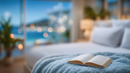A book is open on a bed with a blue blanket