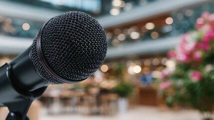 A microphone is pointed at a flower arrangement