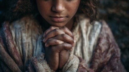 A young girl is praying with her hands clasped together