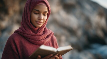 A woman wearing a red scarf is reading a book